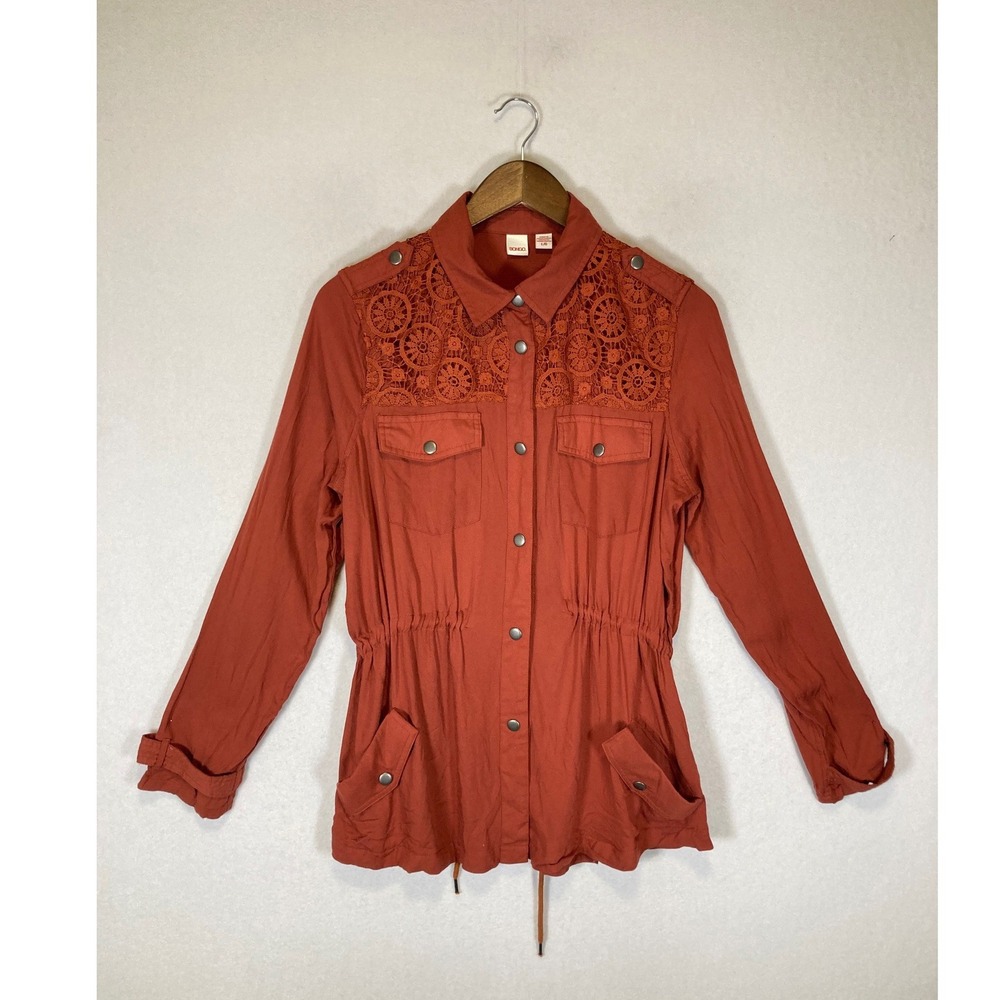 Boho Bongo Women L Rust Orange Crochet Lace‎ Utility Drawstring Waist Jacket